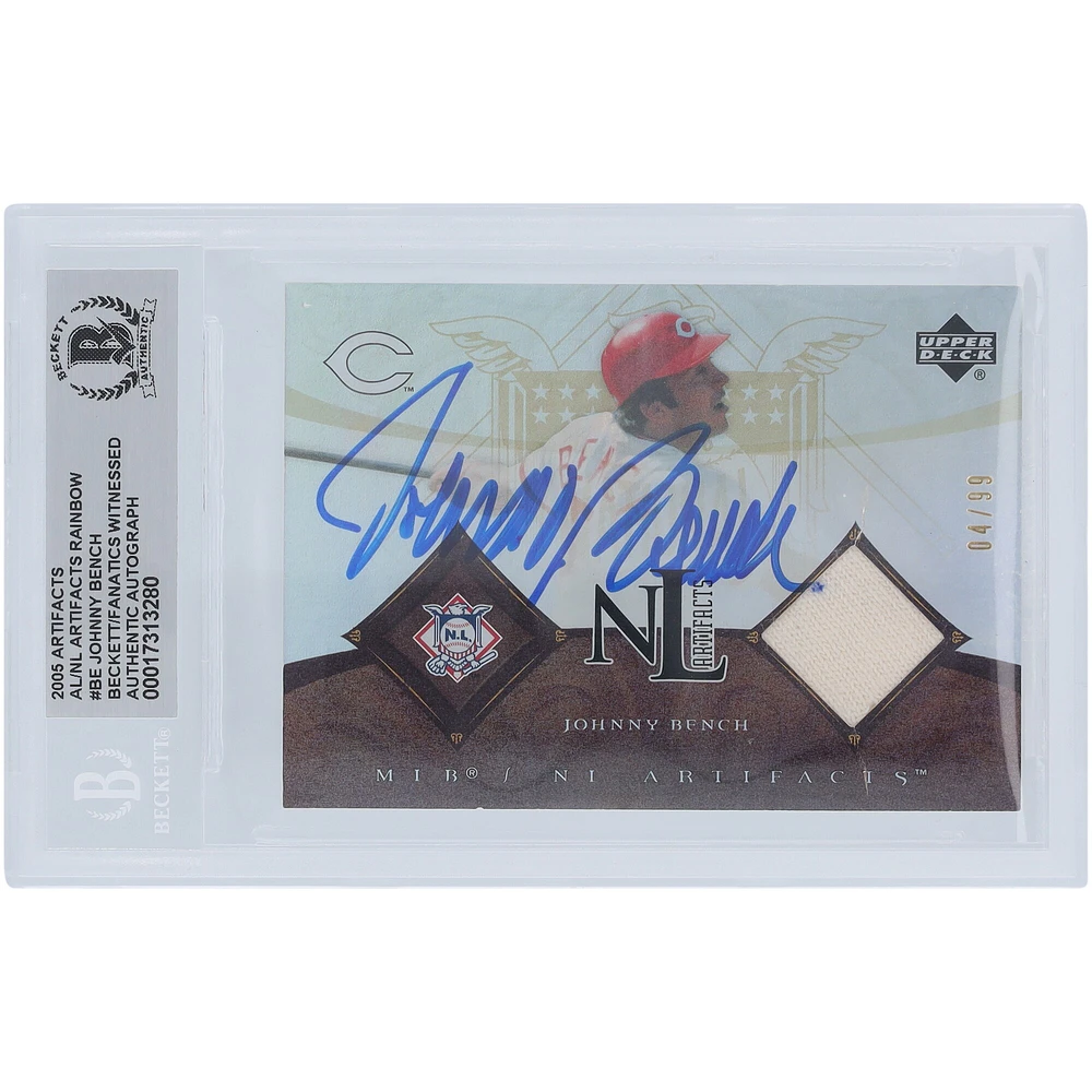 Johnny Bench Cincinnati Reds Autographed 2005 Upper Deck Artifacts Rainbow Jersey Relic #BE #/99 Beckett Fanatics Witnessed Authenticated Card 