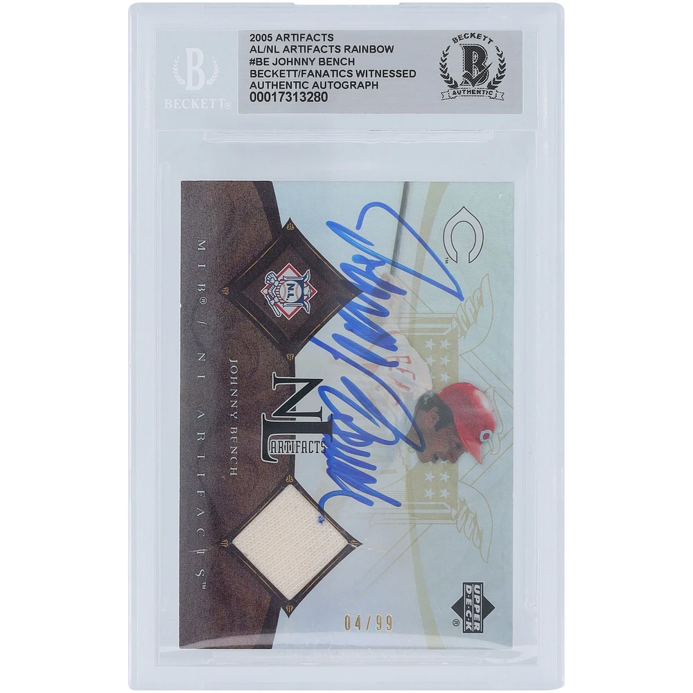 Johnny Bench Cincinnati Reds Autographed 2005 Upper Deck Artifacts Rainbow Jersey Relic #BE #/99 Beckett Fanatics Witnessed Authenticated Card