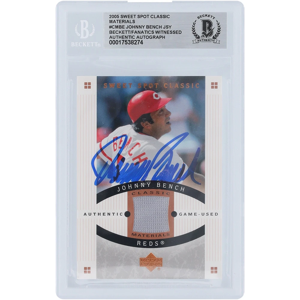 Johnny Bench Cincinnati Reds Autographed 2005 Upper Deck Sweet Spot Classic Jersey Relic #CM-BE Beckett Fanatics Witnessed Authenticated Card