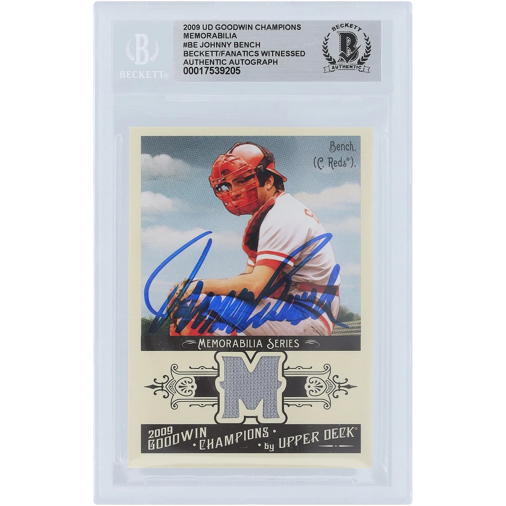 Johnny Bench Cincinnati Reds Autographed 2009 Upper Deck Goodwin Champions Jersey Relic #GCM-BE Beckett Fanatics Witnessed Authenticated Card