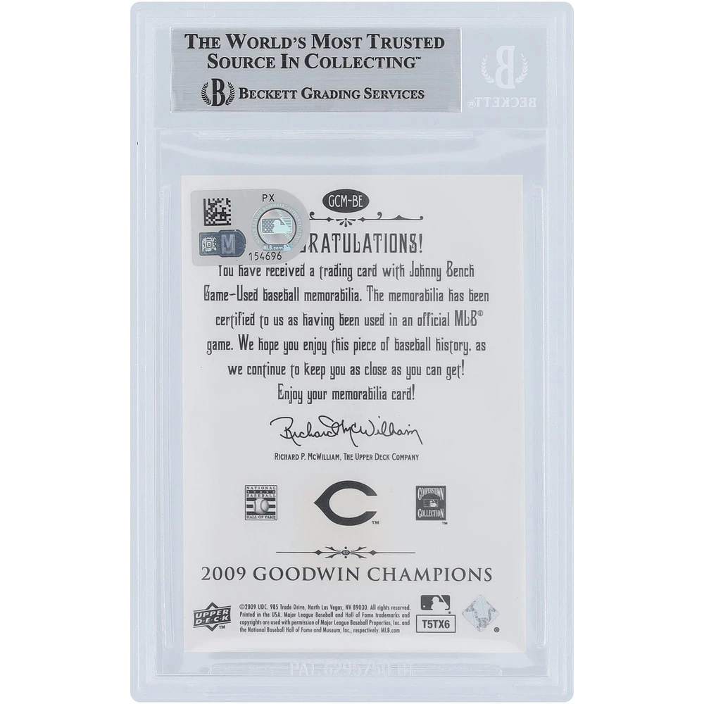 Johnny Bench Cincinnati Reds Autographed 2009 Upper Deck Goodwin Champions Jersey Relic #GCM-BE Beckett Fanatics Witnessed Authenticated Card
