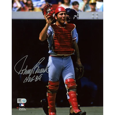 Johnny Bench Cincinnati Reds Autographed 8" x 10" In Catchers Gear Photograph with "HOF 89" Inscription