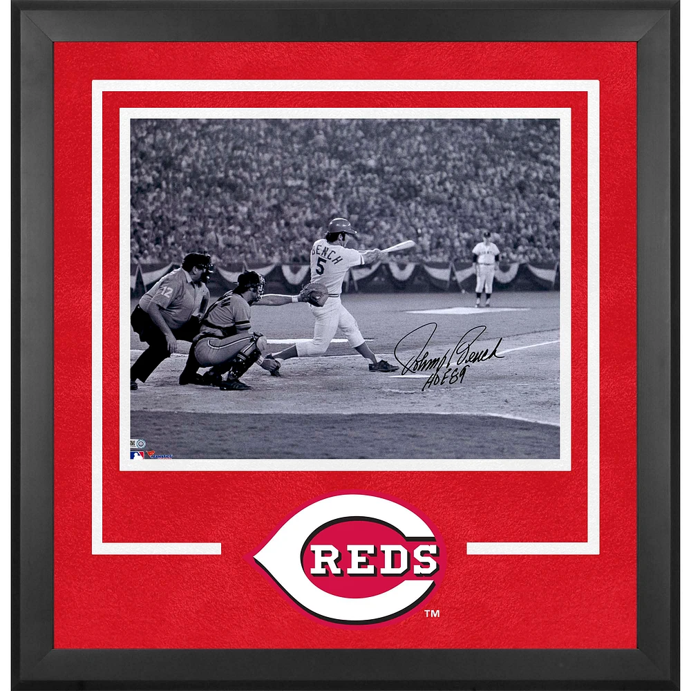 Johnny Bench Cincinnati Reds Autographed Deluxe Framed 16" x 20" Black & White Hitting Photograph with "HOF 89" Inscription
