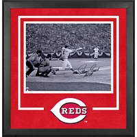 Johnny Bench Cincinnati Reds Autographed Deluxe Framed 16" x 20" Black & White Hitting Photograph with "HOF 89" Inscription