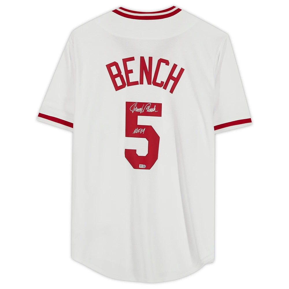 Maillot réplique blanc dédicacé des Reds de Cincinnati de la collection Nike Cooperstown de Johnny Bench avec inscription « HOF 89 »