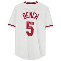 Maillot réplique blanc dédicacé des Reds de Cincinnati de la collection Nike Cooperstown de Johnny Bench avec inscription « HOF 89 »