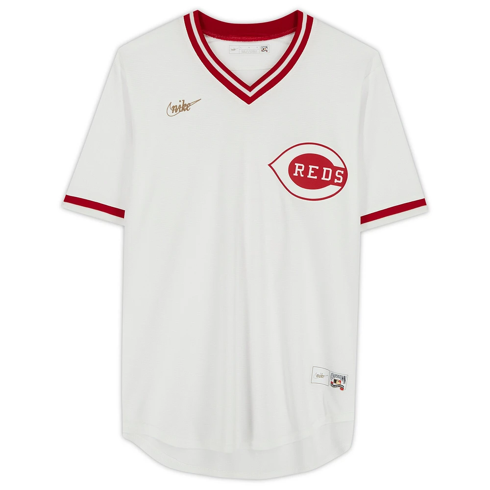 Maillot réplique blanc dédicacé des Reds de Cincinnati de la collection Nike Cooperstown de Johnny Bench avec inscription « HOF 89 »