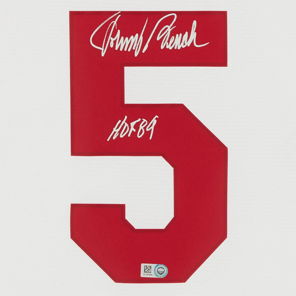 Maillot réplique blanc dédicacé des Reds de Cincinnati de la collection Nike Cooperstown de Johnny Bench avec inscription « HOF 89 »