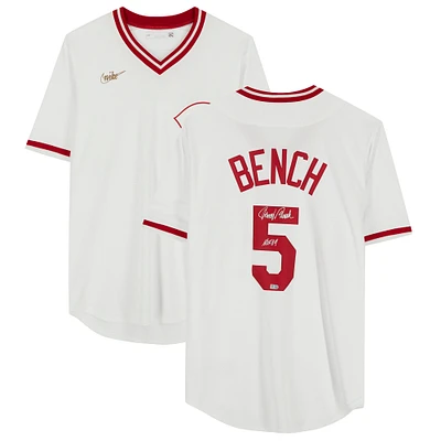 Maillot réplique blanc dédicacé des Reds de Cincinnati de la collection Nike Cooperstown de Johnny Bench avec inscription « HOF 89 »