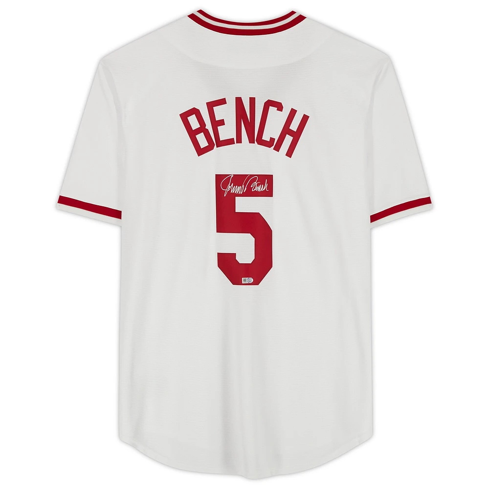 Maillot réplique autographié par Johnny Bench des Cincinnati Reds de la collection Nike Cooperstown blanche