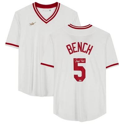 Maillot réplique autographié par Johnny Bench des Cincinnati Reds de la collection Nike Cooperstown blanche