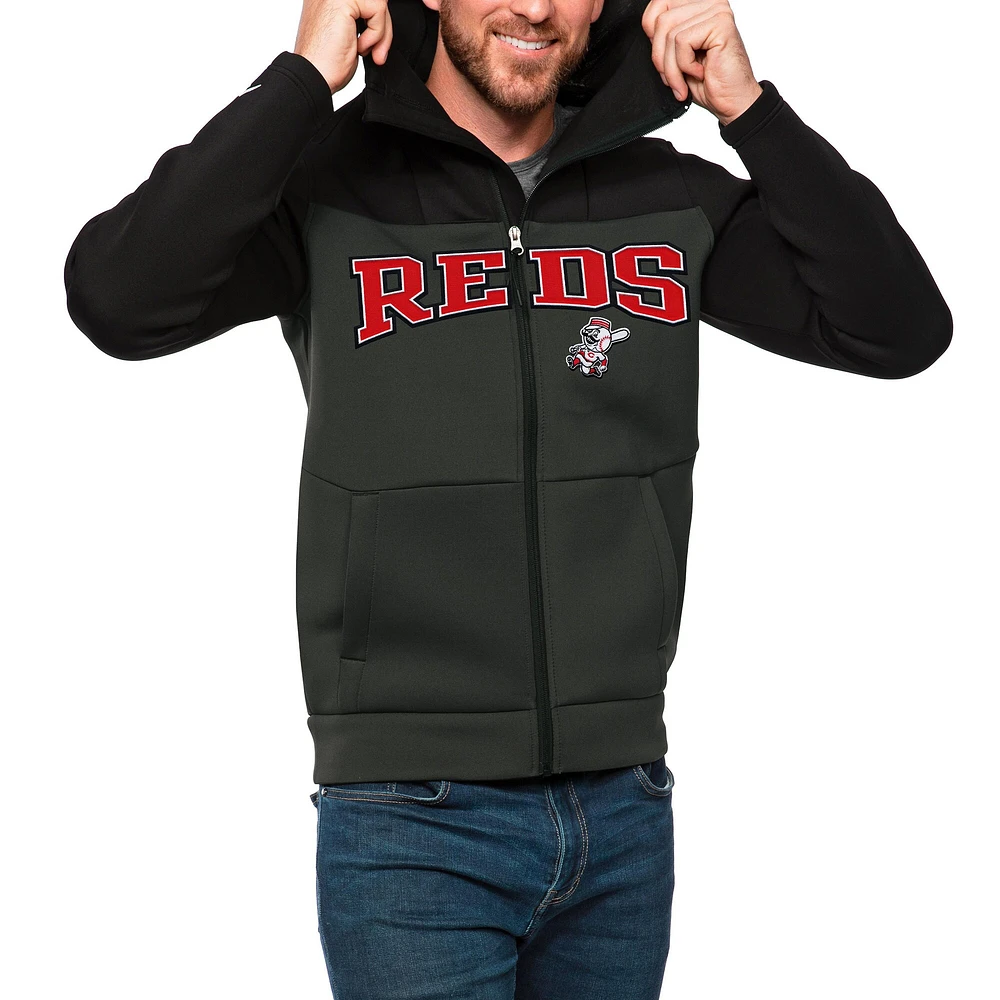 Sweat à capuche zippé intégral Cincinnati Reds noir/anthracite pour homme avec logo Protect Antigua