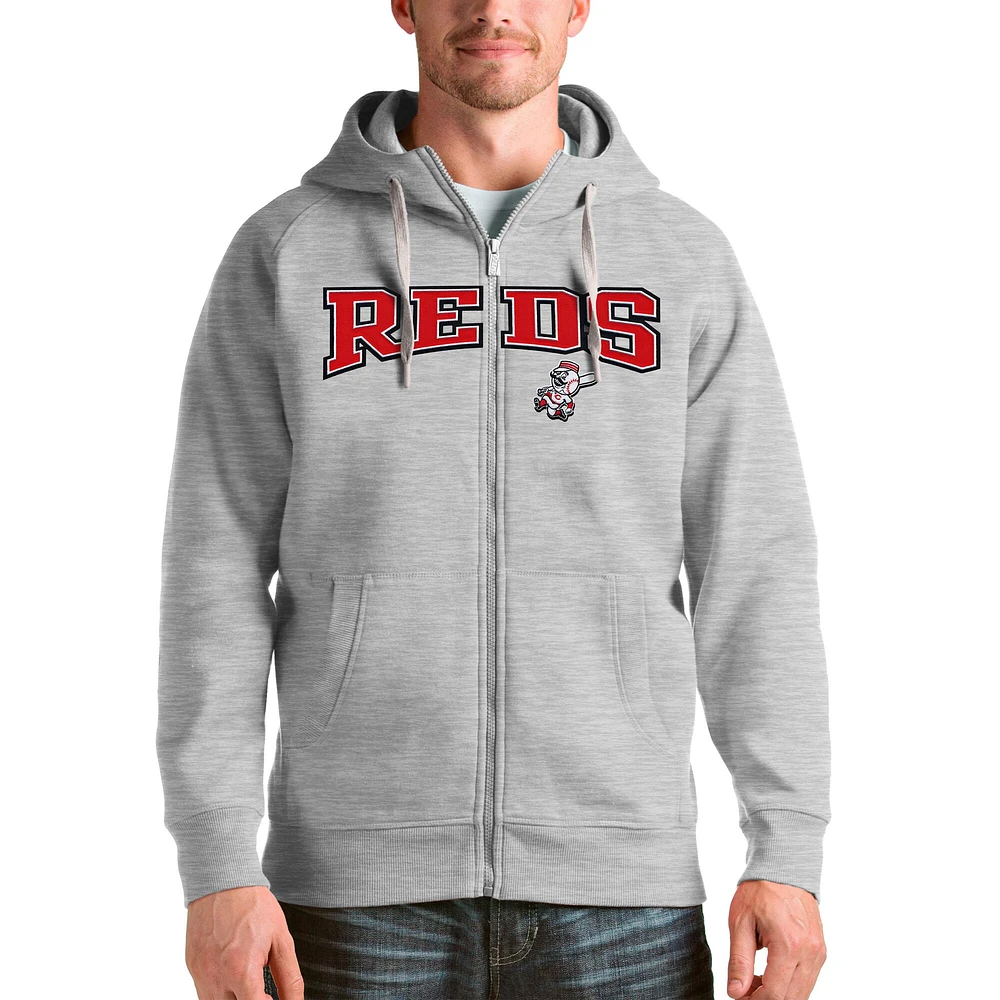 Sweat à capuche zippé intégral avec logo de l'équipe des Cincinnati Reds Antigua Heather Grey pour homme