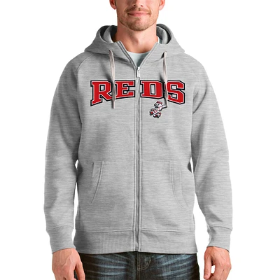 Sweat à capuche zippé intégral avec logo de l'équipe des Cincinnati Reds Antigua Heather Grey pour homme