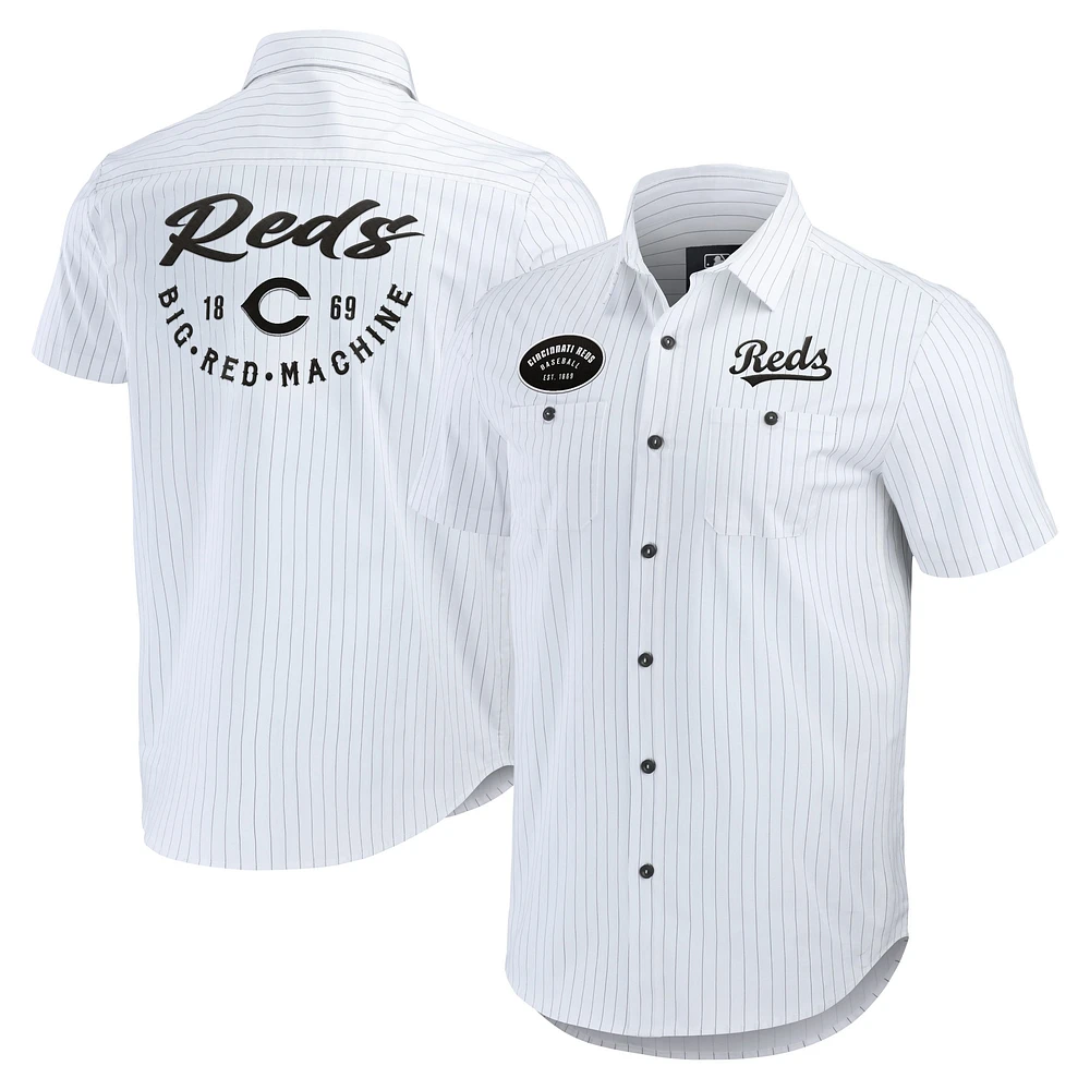 Men's Darius Rucker Collection by Fanatics White Cincinnati Reds Pin Stripe Short Sleeve Button-Up Shirt