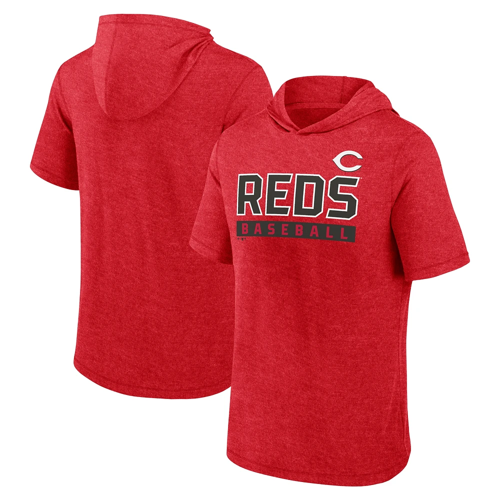 Sweat à capuche manches courtes Fanatics Heather Red Cincinnati Reds Push pour hommes