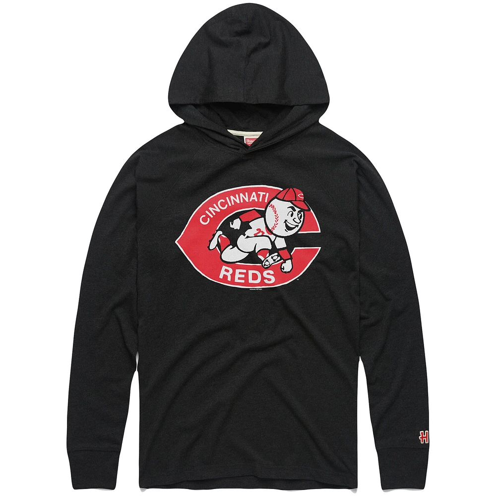 Sweat à capuche léger noir Homage Cincinnati Reds, mélange tri-couche et raglan pour homme