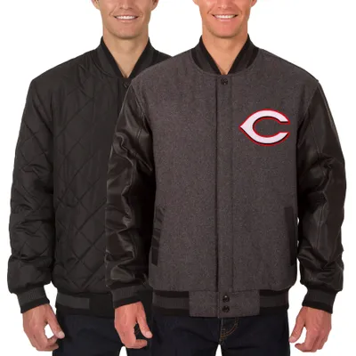 Cincinnati Reds JH Design Wool Leather Reversible Full-Snap Jacket - Charcoal/Black