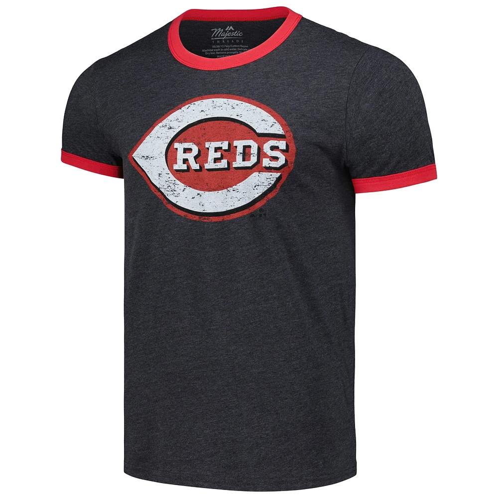 Men's Majestic Threads Black Cincinnati Reds Ringer Tri-Blend T-Shirt