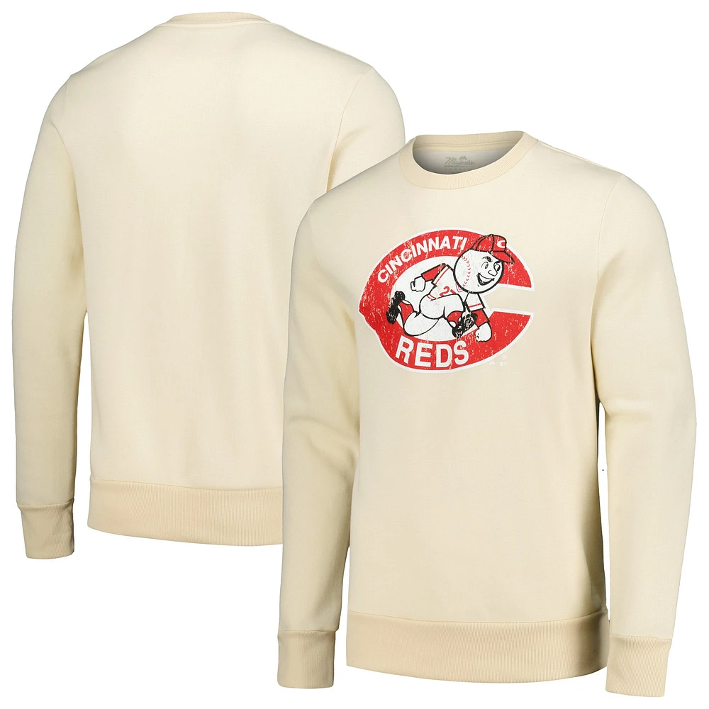 Men's Majestic Threads Oatmeal Cincinnati Reds Fleece Pullover Sweatshirt