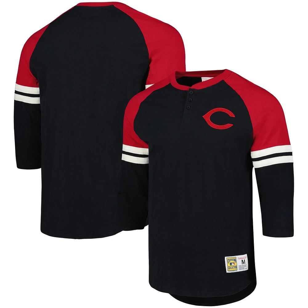 T-shirt à manches trois-quarts légendaire Raglan Slub Henley de la collection Cooperstown des Cincinnati Reds Mitchell & Ness pour hommes