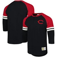 Men's Mitchell & Ness Black Cincinnati Reds Cooperstown Collection Legendary Raglan Slub Henley Three-Quarter Sleeve T-Shirt