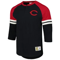 Men's Mitchell & Ness Black Cincinnati Reds Cooperstown Collection Legendary Raglan Slub Henley Three-Quarter Sleeve T-Shirt