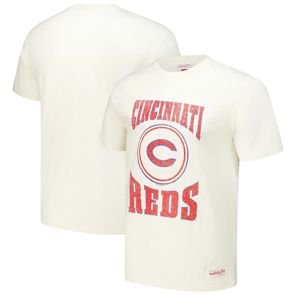 T-shirt à logo arqué Mitchell & Ness pour homme, couleur crème, avec des Reds de Cincinnati