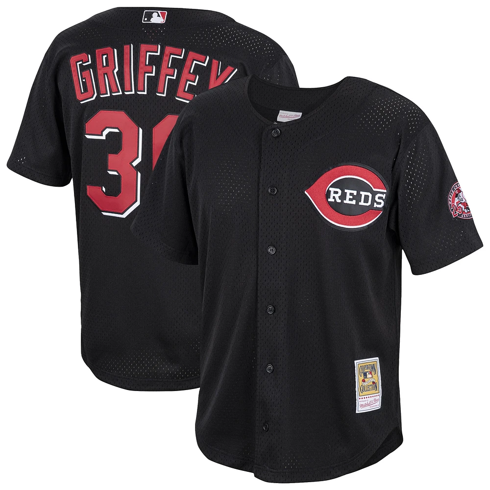 Maillot boutonné d'entraînement au bâton en maille noire pour homme Mitchell & Ness Ken Griffey Jr. des Cincinnati Reds Cooperstown Collection