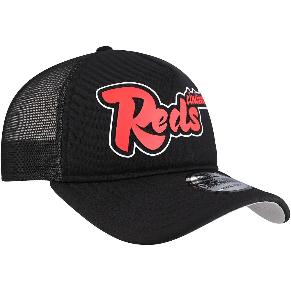 Casquette ajustable New Era noire Cincinnati Reds Retro Bold A-Frame Trucker 9FORTY pour homme