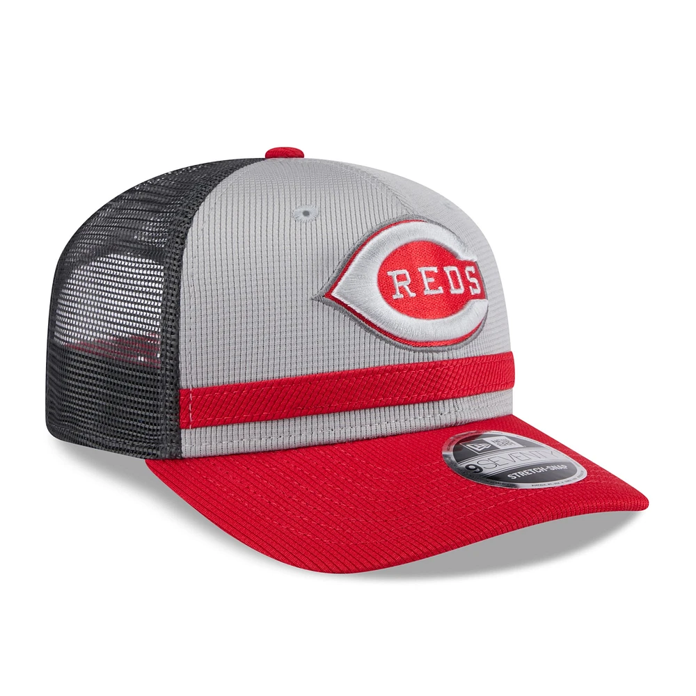 Men's New Era /Red Cincinnati Reds 2025 Batting Practice 9SEVENTY Stretch-Snap Trucker Hat