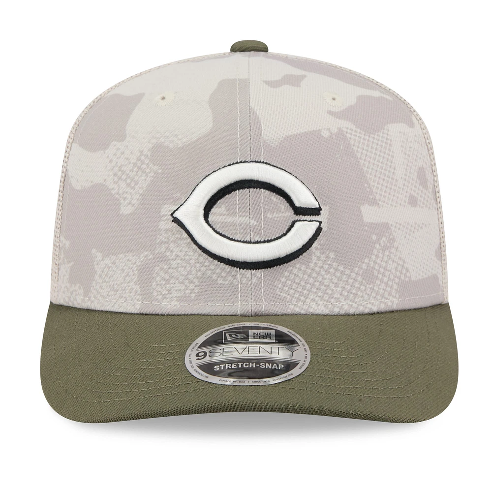 Men's New Era Light Beige/Olive Cincinnati Reds 2025 Armed Forces Day 9SEVENTY Stretch-Snap Hat