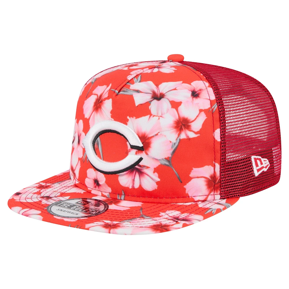 Men's New Era Red Cincinnati Reds Adventure Pattern Golfer Trucker Snapback Hat