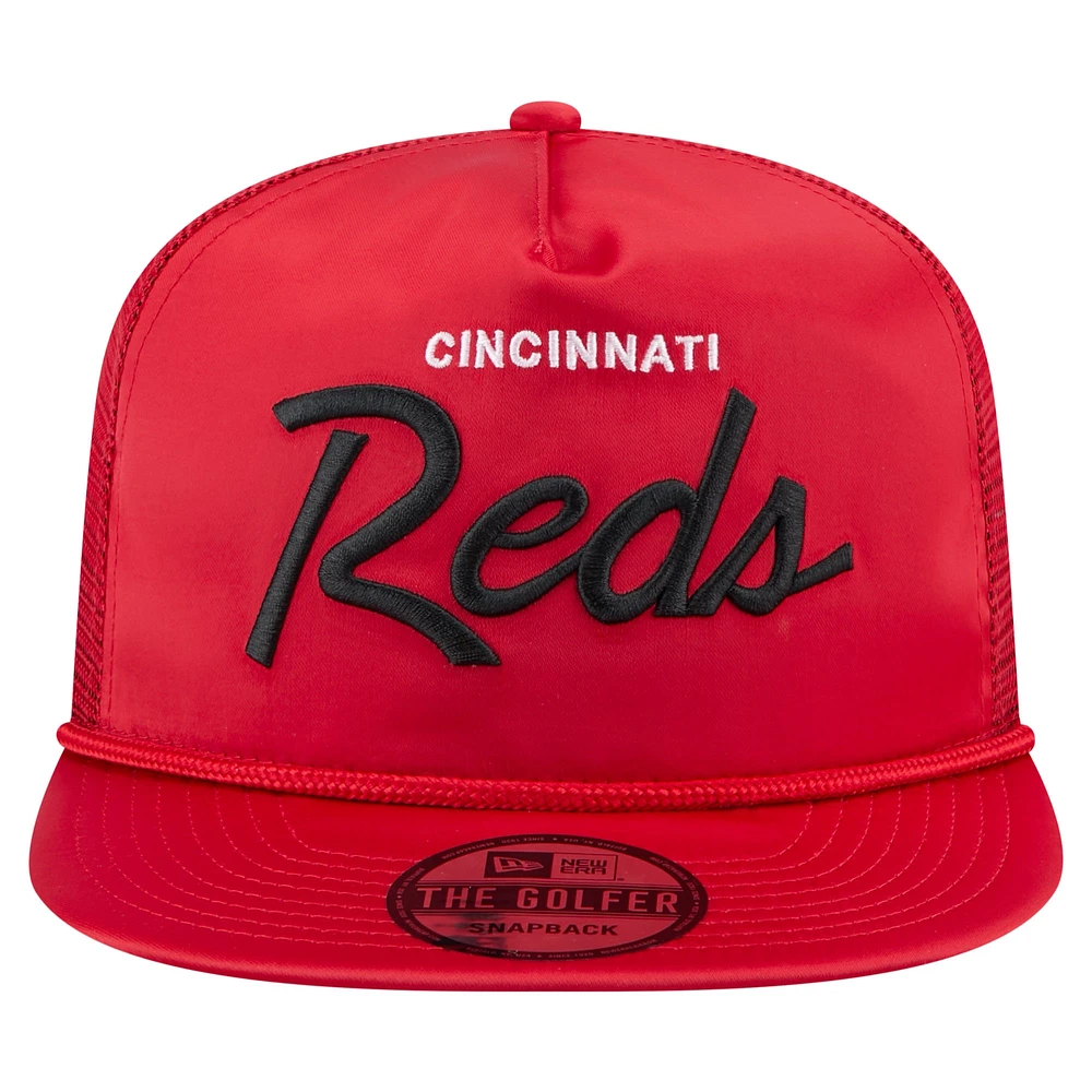 Men's New Era Red Cincinnati Reds Retro Satin Script Golfer Adjustable Hat
