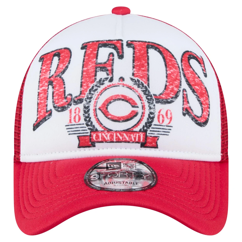 Men's New Era White/Red Cincinnati Reds Distressed 9FORTY A-Frame Adjustable Trucker Hat