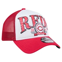 Men's New Era White/Red Cincinnati Reds Distressed 9FORTY A-Frame Adjustable Trucker Hat