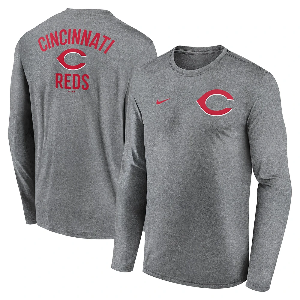 T-shirt Nike à manches longues pour homme, couleur anthracite chiné, motif Legend Performance des Reds de Cincinnati