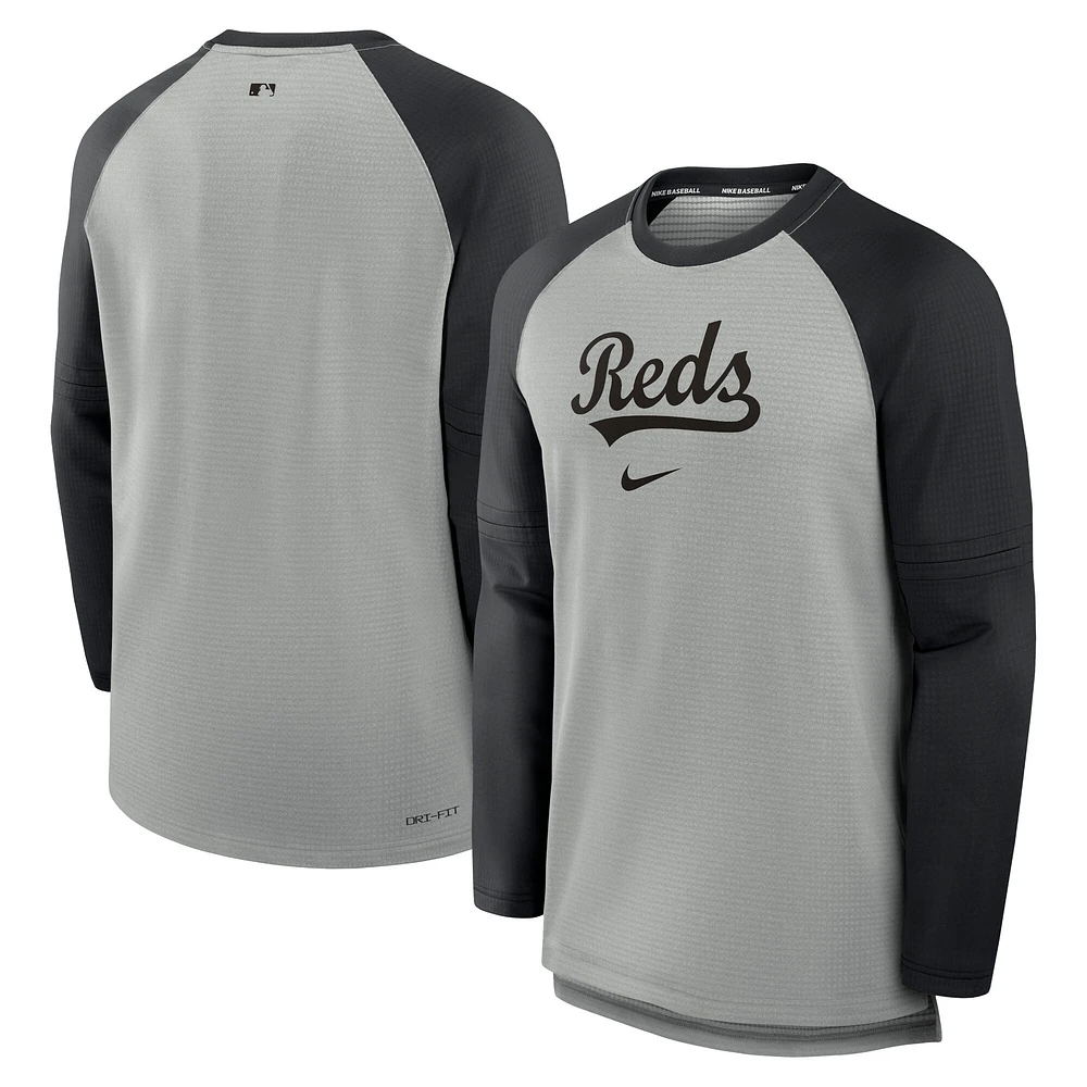 T-shirt à manches longues Nike Cincinnati Reds Authentic Collection Game Time Raglan Performance pour homme, gris chiné/noir