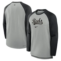 T-shirt à manches longues Nike Cincinnati Reds Authentic Collection Game Time Raglan Performance pour homme, gris chiné/noir