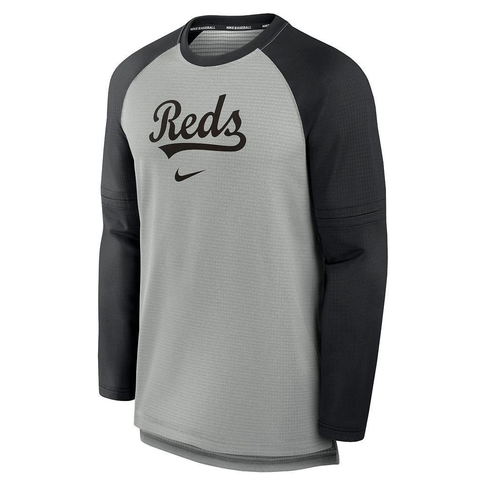 T-shirt à manches longues Nike Cincinnati Reds Authentic Collection Game Time Raglan Performance pour homme, gris chiné/noir