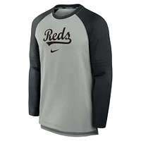 T-shirt à manches longues Nike Cincinnati Reds Authentic Collection Game Time Raglan Performance pour homme, gris chiné/noir
