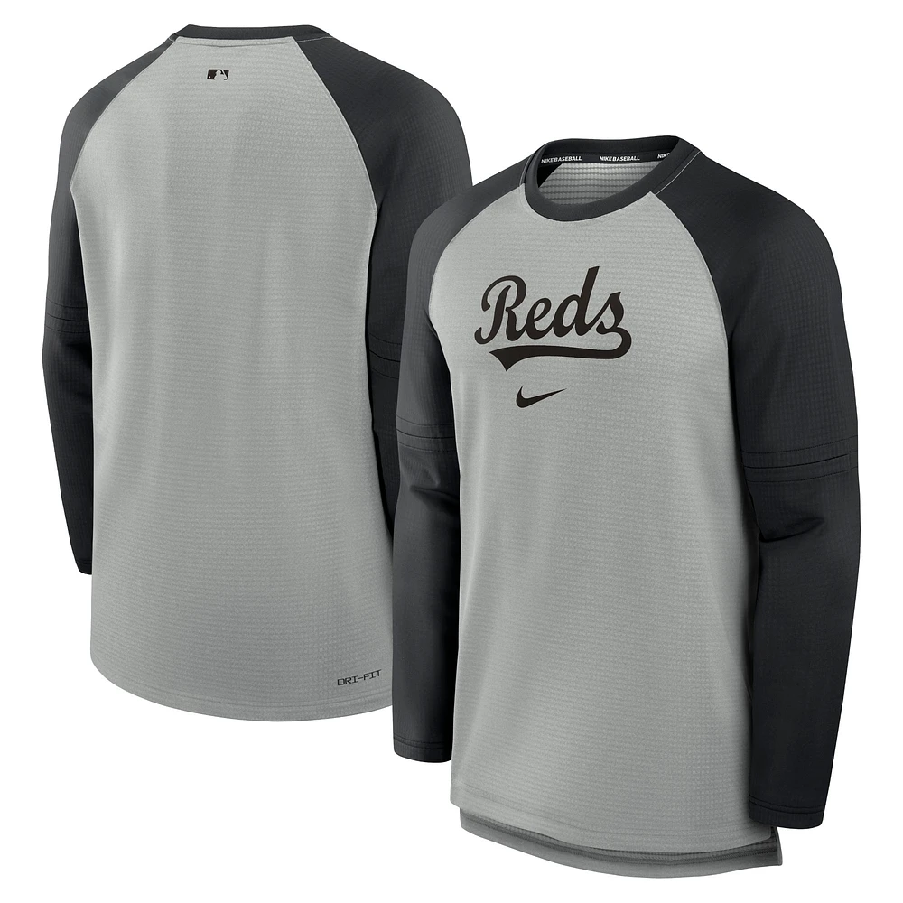 T-shirt à manches longues Nike Cincinnati Reds Authentic Collection Game Time Raglan Performance pour homme, gris chiné/noir