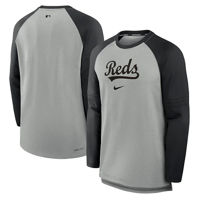 T-shirt à manches longues Nike Cincinnati Reds Authentic Collection Game Time Raglan Performance pour homme, gris chiné/noir