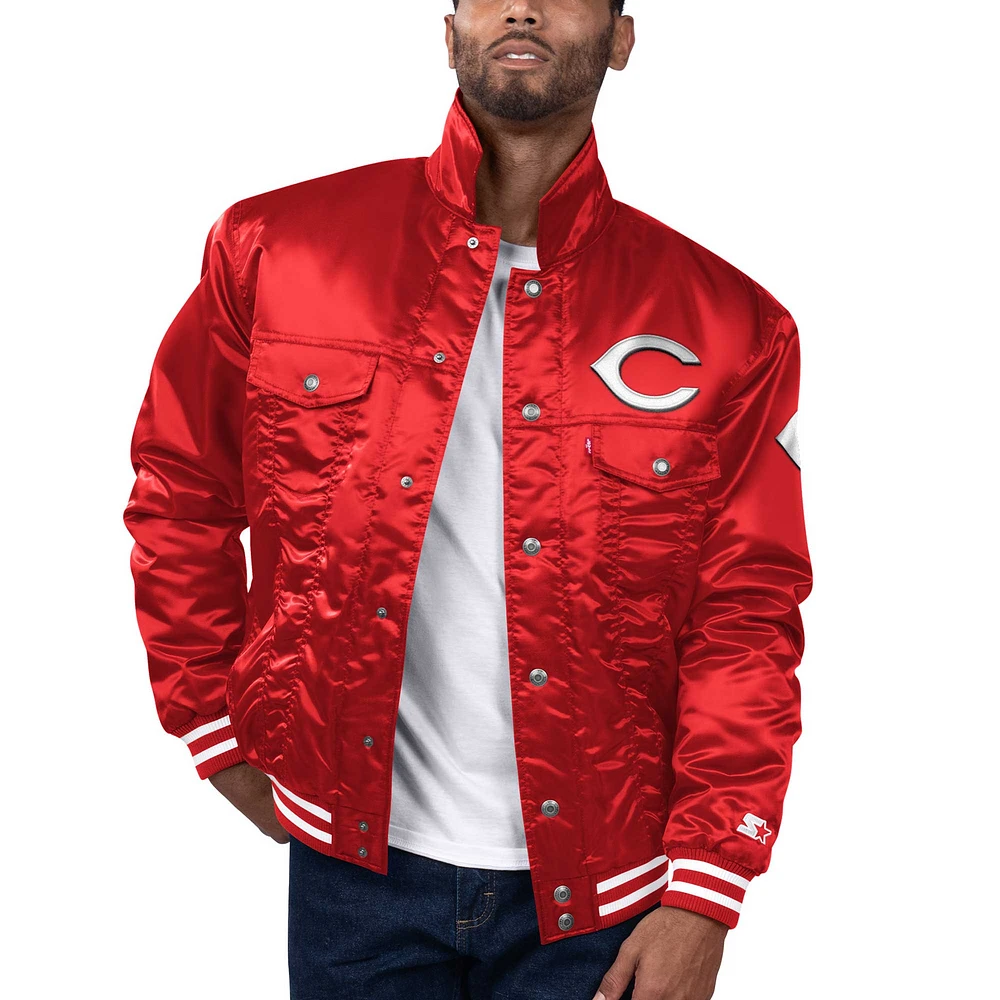 Veste de camionneur à bouton-pression en satin Starter x Levi's Red Cincinnati Reds Silver Tab pour hommes