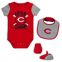 Lot de trois bavoirs et chaussons pour nouveau-né bébé rouge/gris chiné Cincinnati Reds Little Champ