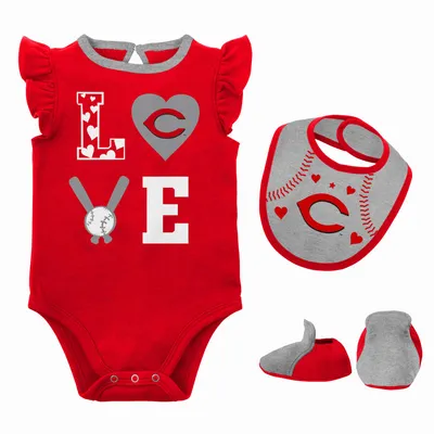 Newborn & Infant Red/Heather Gray Cincinnati Reds Three-Piece Love of Baseball Bib Bodysuit Booties Set