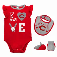 Nouveau-né et bébé rouge/gris chiné Cincinnati Reds trois pièces Love of Baseball Bib Body & Booties Set