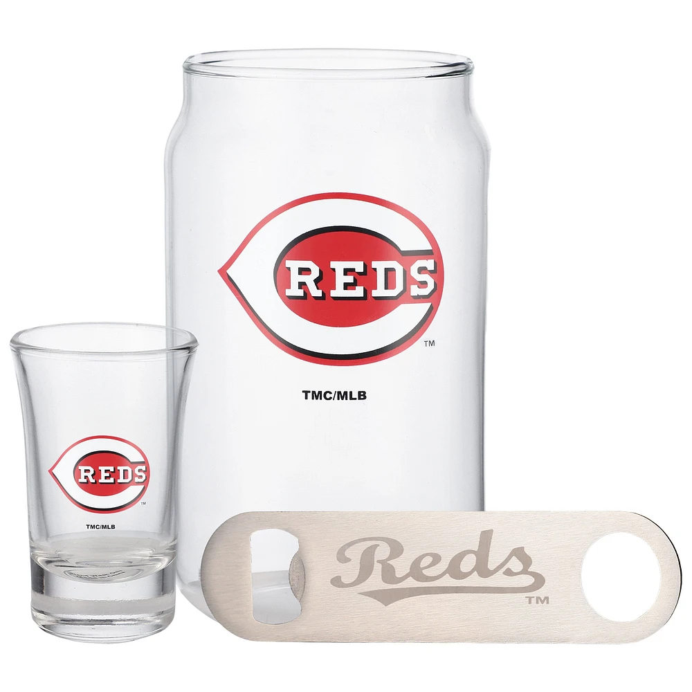 The Memory Company Cincinnati Reds Three-Pack Beer Glass, 2oz. Shot Glass & Bottle Opener Set