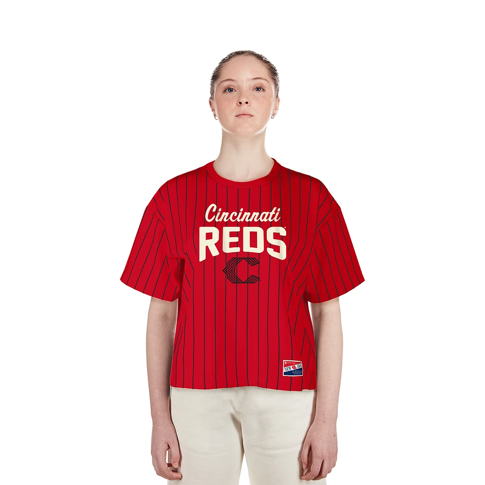Women's New Era  Red Cincinnati Reds City Connect Multiplier Pinstripe Cropped T-Shirt
