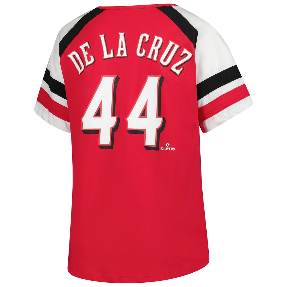 Women's Profile Elly De La Cruz Red Cincinnati Reds Plus Name & Number Raglan T-Shirt